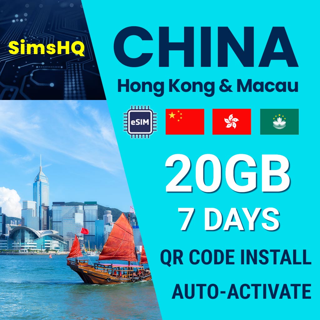China, Hong Kong and Macau eSim 7Days 20GB