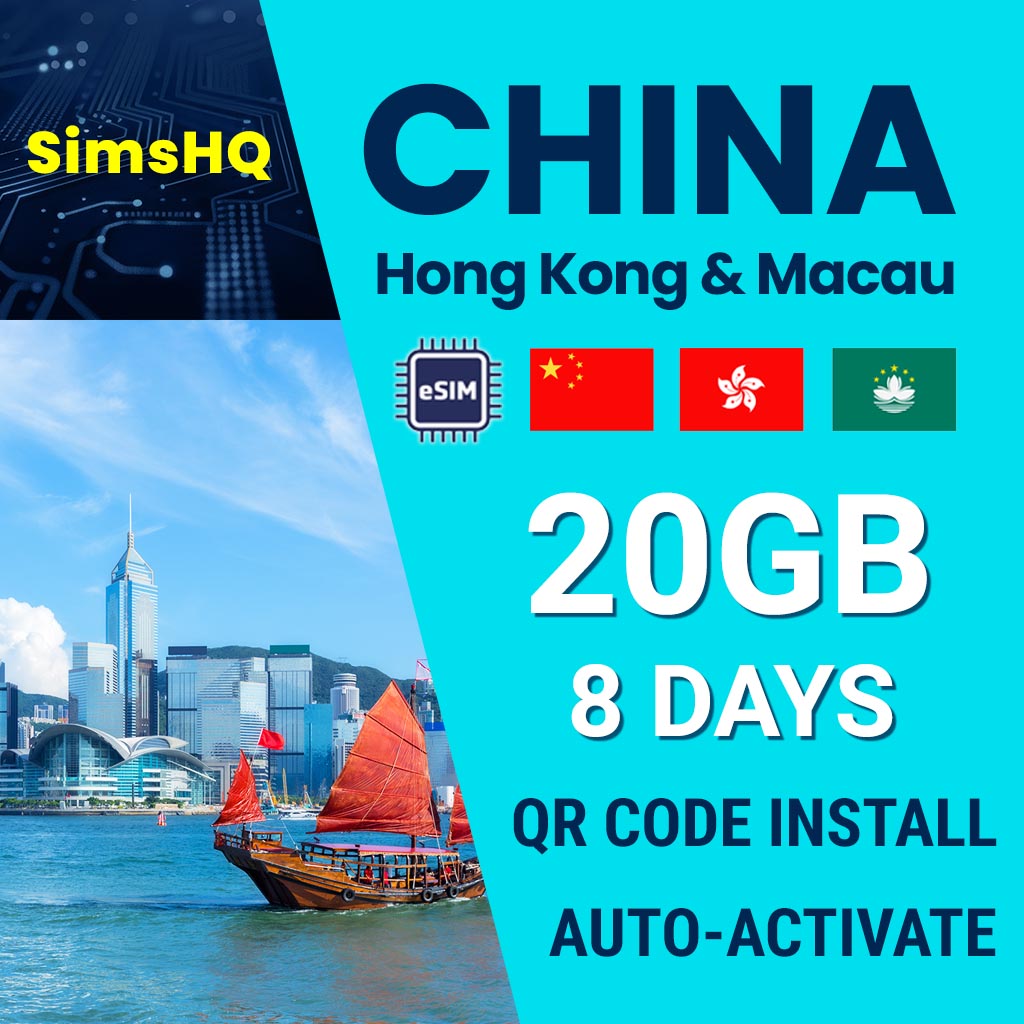 China, Hong Kong and Macau eSim 8Days 20GB