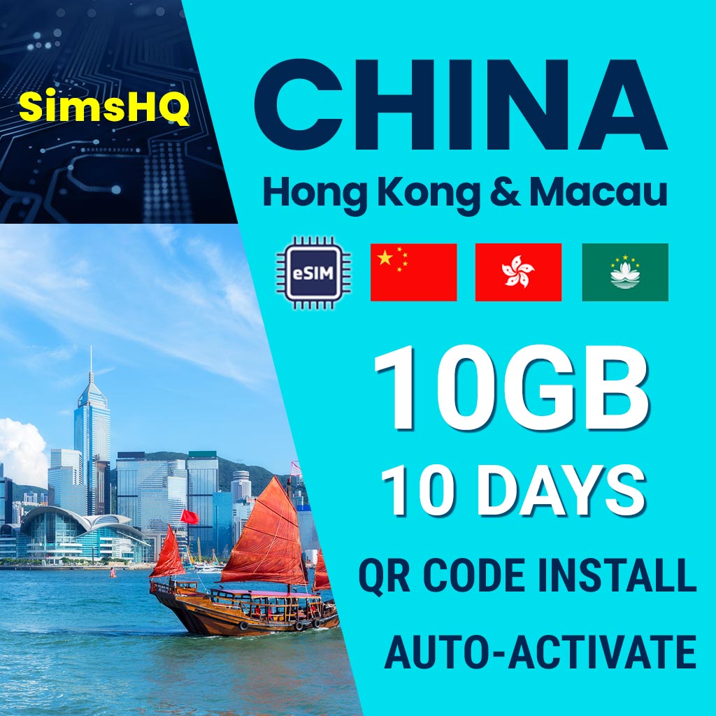 China, Hong Kong and Macau eSim 10 Days 10 GB