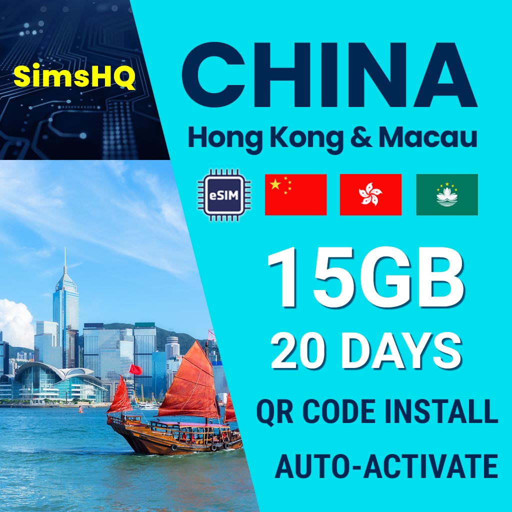 China, Hong Kong and Macau eSim 20 Days 15 GB