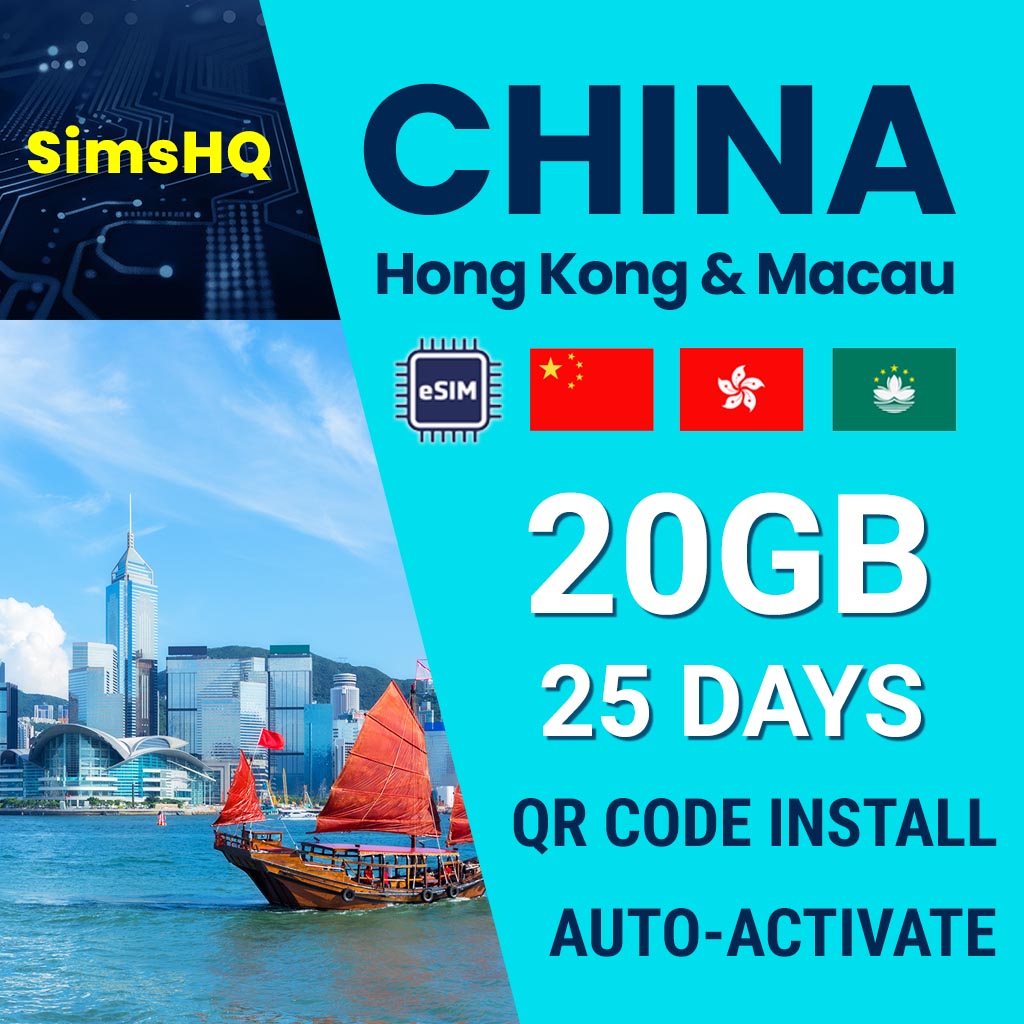 China, Hong Kong and Macau eSim 25 Days 20 GB