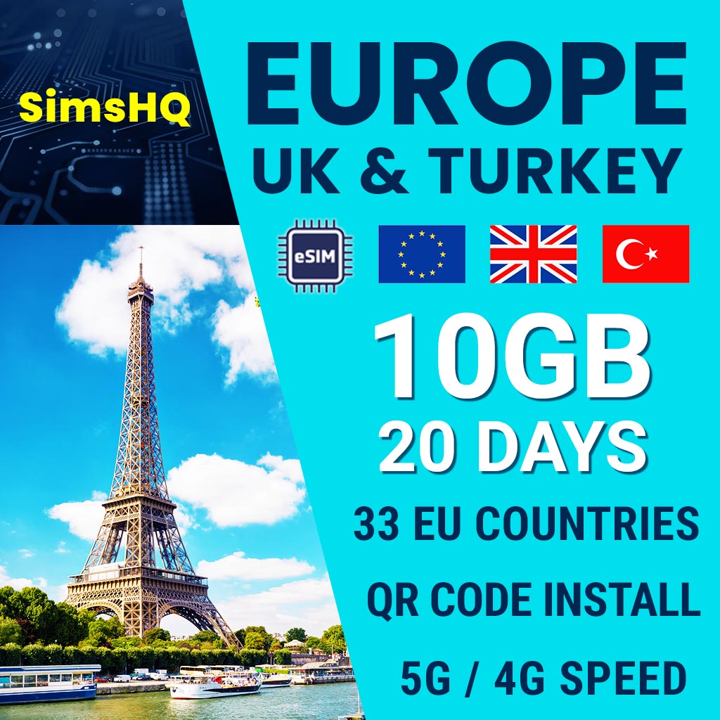 Europe UK 33 Countries eSIM 20 Days 10GB