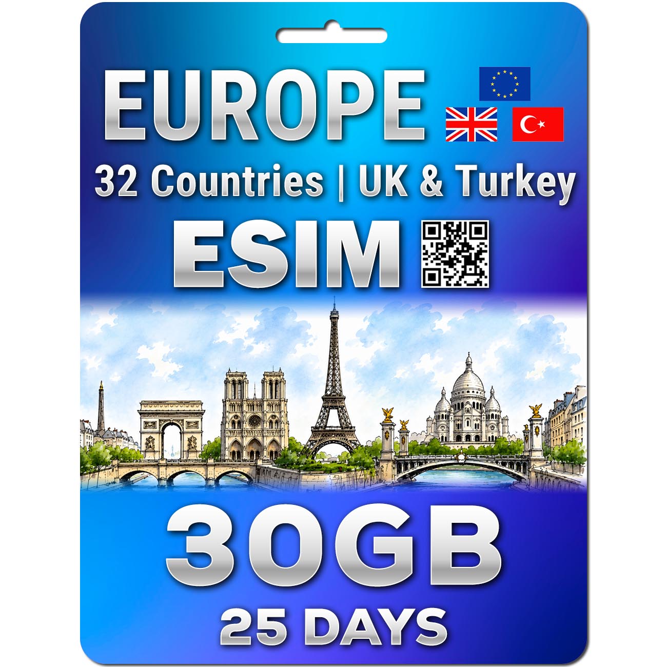 Europe UK 32 Countries eSIM 25 Days 30GB