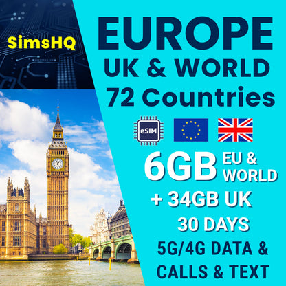 Europe, UK & World eSIM | 72 Countries