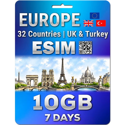 Europe UK 32 Countries eSIM 7 Days 10GB