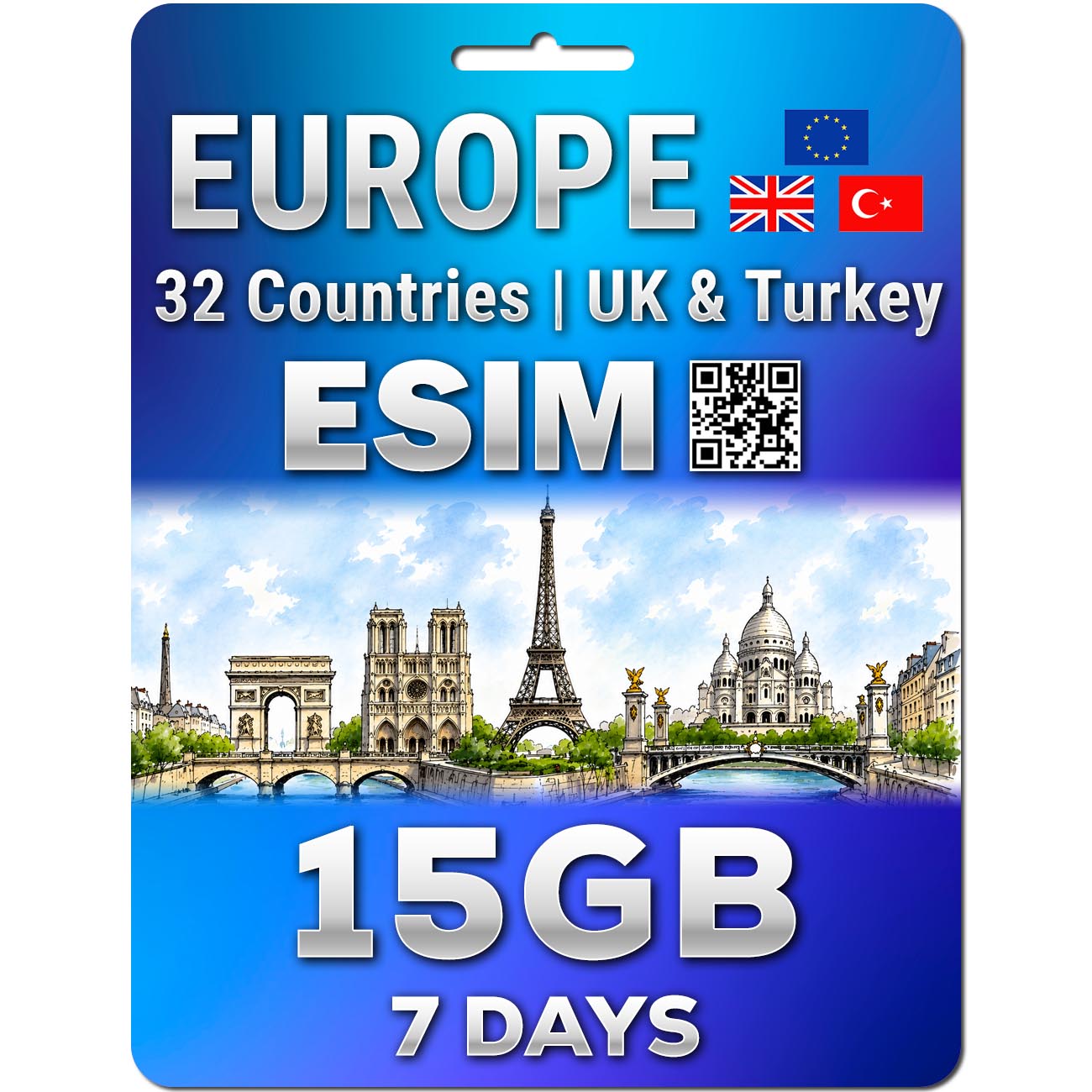 Europe UK 32 Countries eSIM 7 Days 15GB