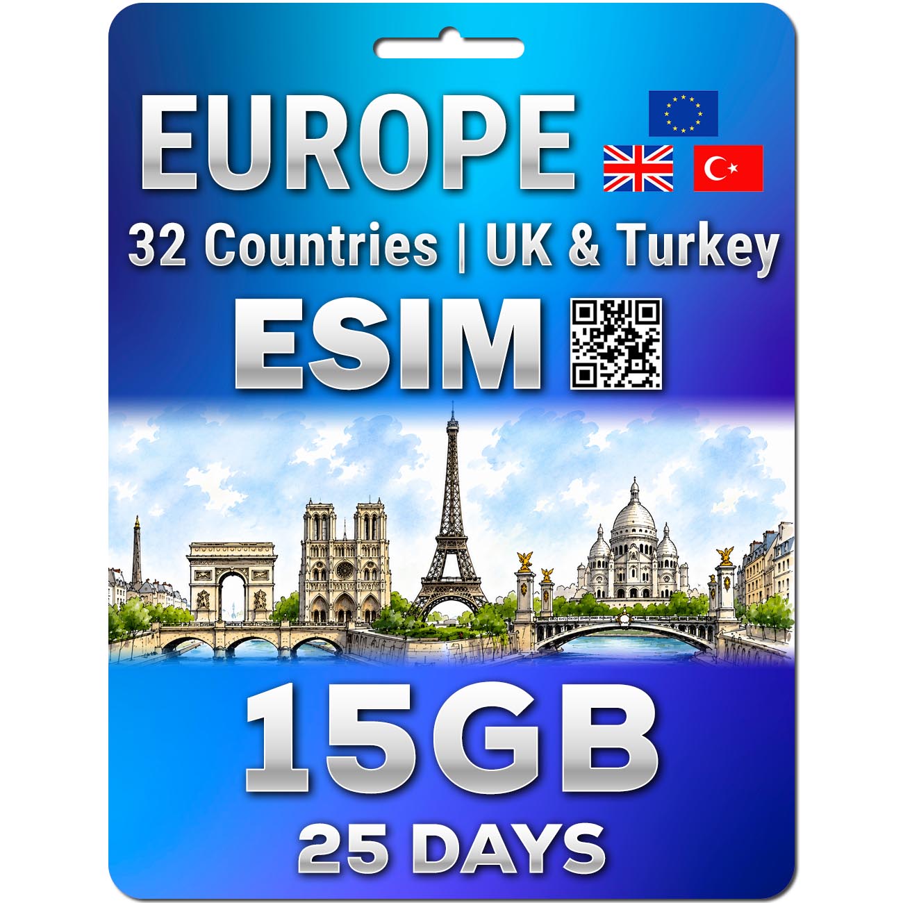Europe UK 32 Countries eSIM 25 Days 15GB