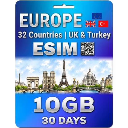 Europe UK 32 Countries eSIM 30 Days 10GB